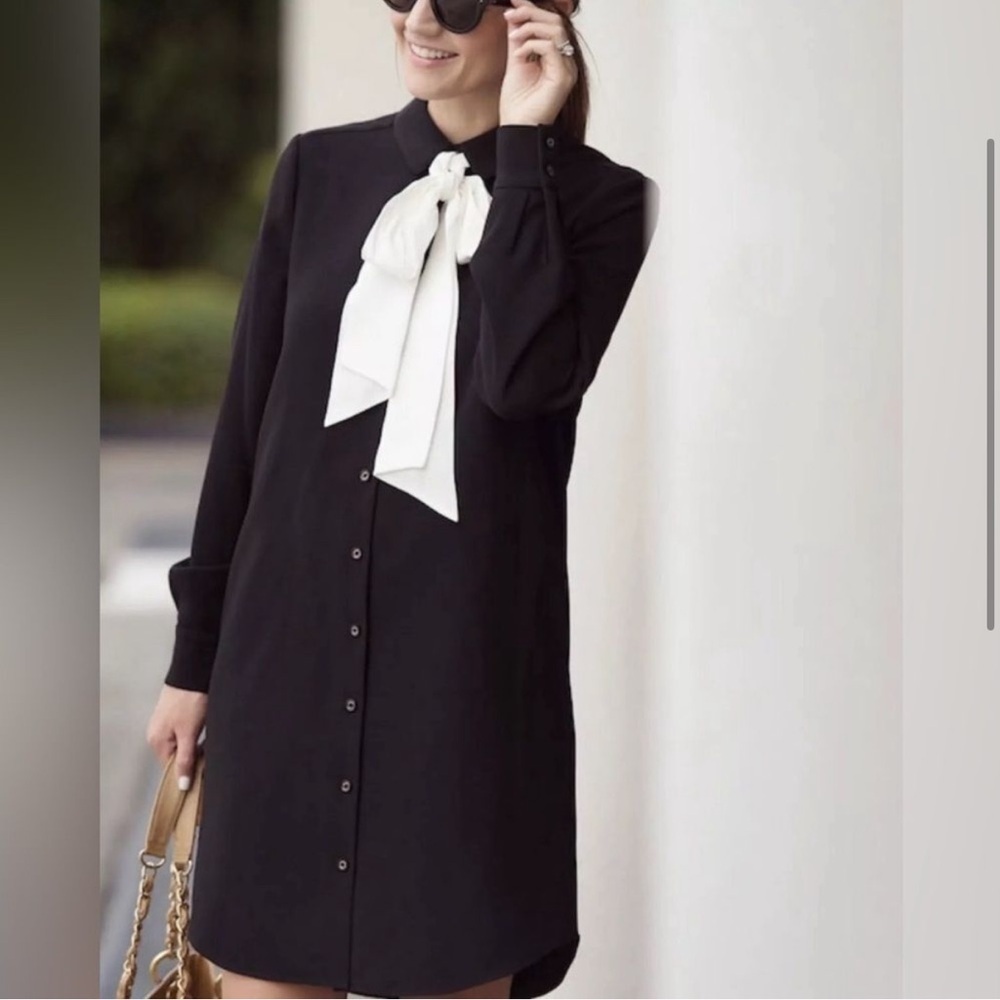 Kate Spade Black Knee Length Shirt Dress s Bow Tie Neck Workwear - Picture 1 of 7